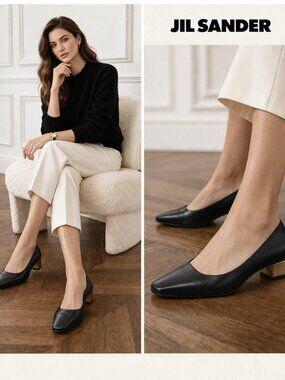 JIL SANDER Black Leather Pumps Gold Metallic Heel Pointed Toe Kitten Heel 38.5